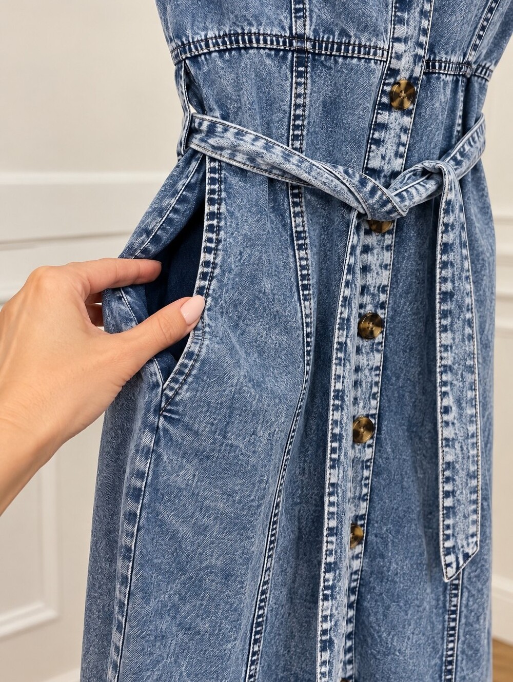 Who What Wear Acid Wash Denim Puff Sleeve Belted Midi Dress Size M - Picture 4 of 10